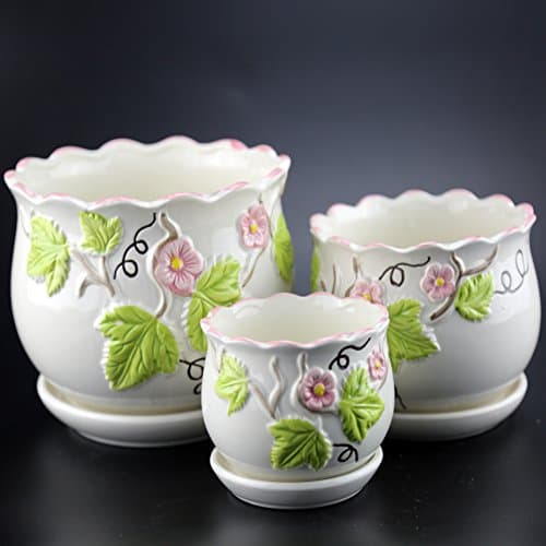 3 Pack Ceramic Flower Plant Pot, Size 4’’, 6’’ and 7’’ (Camellia)