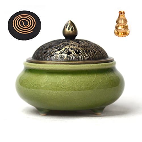 HJXL Ceramic Incense Burner Porcelain Incense Holder,Ice-Patterned Handmade Censer Tang Dynasty Style (Green)