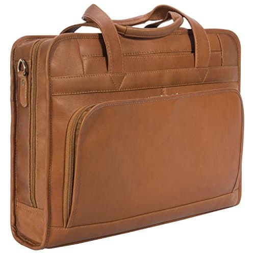 Muiska Leather 17" Laptop Computer Dual Handle Top Zippered Double Compartment Slim Professional Briefcase Bag, Saddle