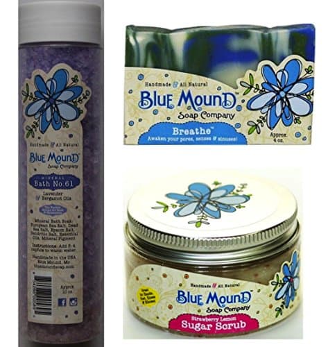 Blue Mound Soap Value Gift Set (contains Mineral Bath No. 61 bath salts, Breathe bath soap, and Strawberry Lemon Sugar Scrub)