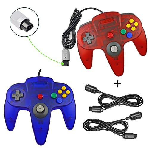 Koalud 2 Packs Classic Retro Wired Gamepad Controllers with 2 x 6ft Extension Cables For Nintendo 64 Nintendo64 N64 console(Clear red and Clear blue)