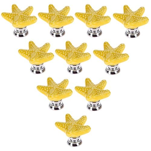 Creatwls 10pcs Starfish Home Decor Mediterranean Style Ceramic Drawer Cabinet Cupboard Door Pull Handle Knob Children's Room Decoration 7 Colors Available-Yellow
