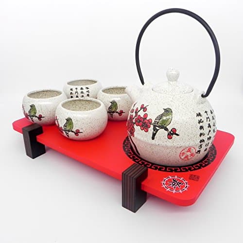 Ashbur Craftmanship 7 Piece Japanese Ceramic Tea Set, Red Cherry Blossom and Kanji Poem in White