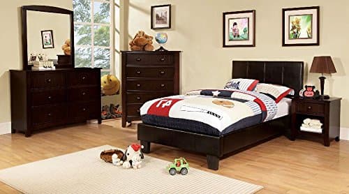 Besson Leather PU Platform 4 Piece Twin Bed, 1 Nightstand, Dresser, Mirror - Espresso