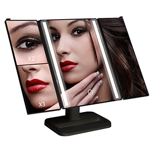 Homscam Vanity Makeup Mirror Trifold Magicfly 1X/2X/3X LED Lighted Mirror Trifold with Touch Screen, Vanity Mirror with Lights and 180° Adjustable Stand for Countertop (Black)