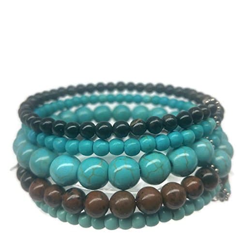 Gemstone Wrapping Memory Wire Bracelet Turquoise and Brown