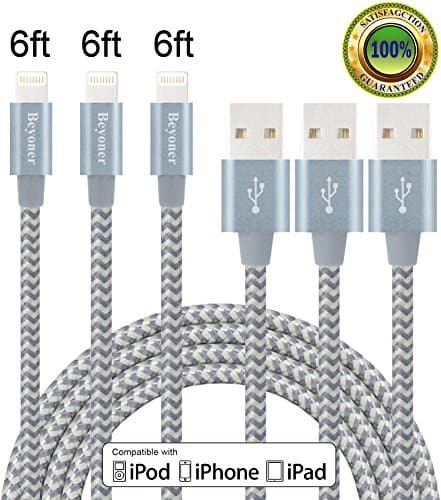 Beyoner 3 Pack 6FT Durable Nylon Braided Lightning to USB Cable Transmission Cord for Lightning Devices iPhone 7/7Plus/6/6s/6 Plus/6s Plus/5/5c/5s/SE,iPad Air/Mini, iPod Nano/Touch(grey)