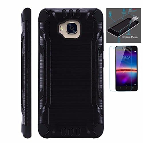 [WORLD ACC For Huawei Ascend XT Case + Tempered Glass Screen Protector / Slim Dual Layer Brushed Texture Armor Hybrid TPU Combat Phone Cover (Black/Black)