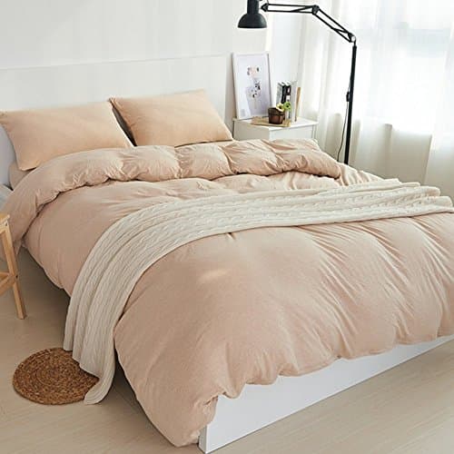 DONEUS Duvet Cover King Size, 3 Piece (1 Solid Champagne Duvet Cover, 2 Pillow Shams) Soft Jersey Knit Cotton Duvet Cover Set with Zipper Closure, Corner Ties