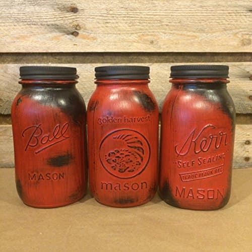 Rustic Red Mason Jar Canister Set, Rustic Mason Jar Centerpiece, Tuscan Red Kitchen Canisters, Custom Colors Available!