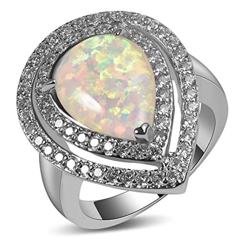 CYWNA White Fire Created Opal Zircon 925 Sterling Silver Filled Engagement Wedding Party Ring Size 7