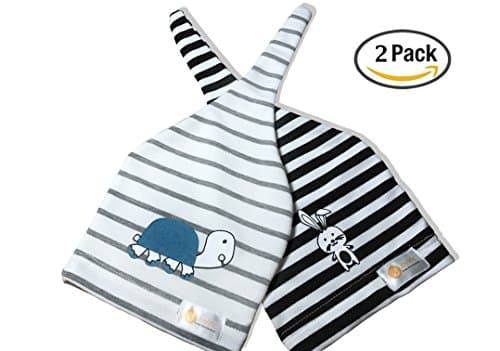 Baby Hat Newborn, Adjustable Top Knot Hat, Beanie Hats Stripe, Two Pack, 100% Soft Cotton, Hospital Hat, Perfect Baby Shower Gift, Cute Amu the Turtle and Joie the Rabbit Print
