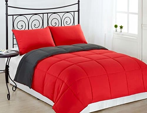 3 Piece Reversible Down Alternative Comforter Set Medium Weight, King/Cal King, Red/Charcoal