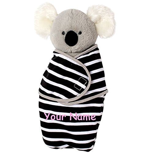 Personalized Swaddle Baby Koala with Black and White Striped Removable Swaddle Blanket Stuffed Animal Toy - 12 Inches