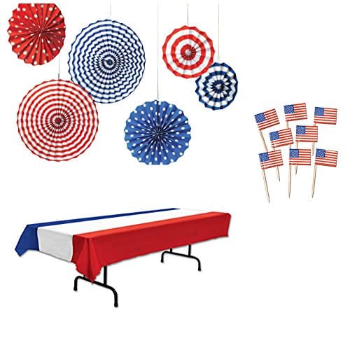 4th of July Decorations Bundle of 3 Items: Includes Red White Blue Tablecover ( 54-Inch by 108-Inch) Fourth of July Party Stars & Stripes Hanging Fan Paper Decorations and US Flag Food Picks(50pcs)
