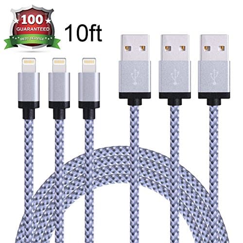 Iconew iPhone Cable 3 Piece 10ft Extra Long Nylon Braided Cord Lightning Cable to USB Charging Charger Compatible with iPhone 7/7 Plus/6S/6 Plus/6S Plus/5S/5C/SE/iPad Air/Mini/iPod Nano 7 - Grey/White