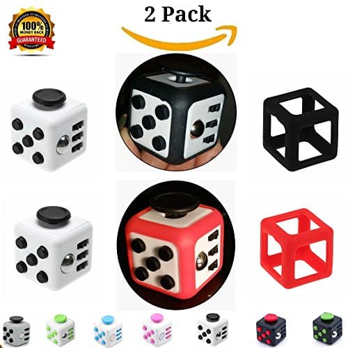 Fiddle EXCLUSIVE 2 Pc SET Fidget Cube EXCLUSIVE w/ Protective Prism Cases PLUS BONUS "Fidgeters Cheatsheet" PROVEN For Stress Anxiety Focus ADHD Autism Adults Kids Students Class Office (White/Black)