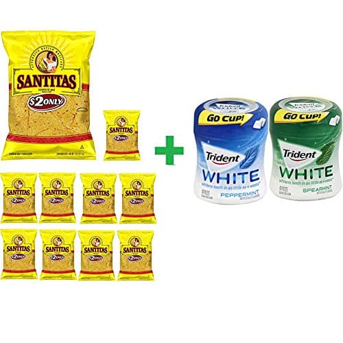 Santitas Triangles Yellow Corn Blend Tortilla Chips,11 oz (10 PACK)+ Trident Go Cup Spearmint 1/60 Count + Trident Go Cup Peppermint 1/60 Count(BUNDLE)