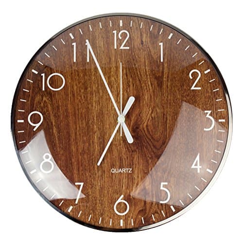 Lucky7 13" Round Wall Clock Brown Grain 3D Glass Lens Non-ticking Silent Simple Modern