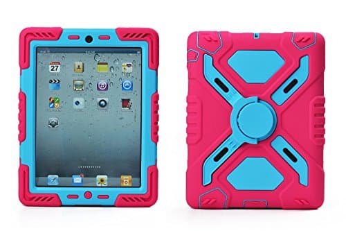 Ipad 2/3/4 Case (NOT FOR IPAD AIR) Plastic Kid Proof Extreme Duty Dual Protective Back Cover with Kickstand and Sticker for Ipad 4/3/2 - Rainproof Sandproof Dust-proof Shockproof (Pink/blue)