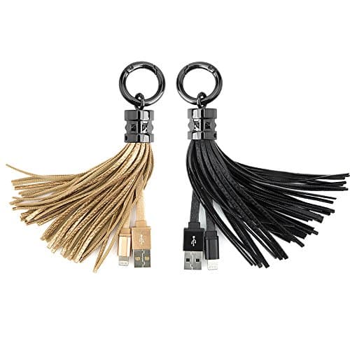 iPhone Charger, Leather Tassel Key Chain USB Lightning Cable Portable for Apple iPhone iPad iPod - Pack 2 (Black + Gold)