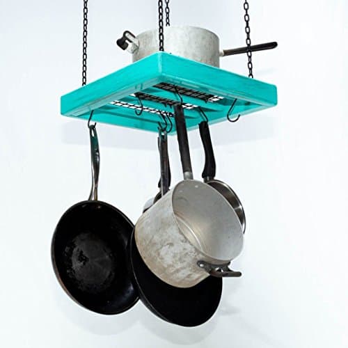 Pot Rack - Wooden - Ceiling Mounted - Square - Small - 4 Rungs - Sturdy Metal Grid - Hang Kitchen Pots and Pans