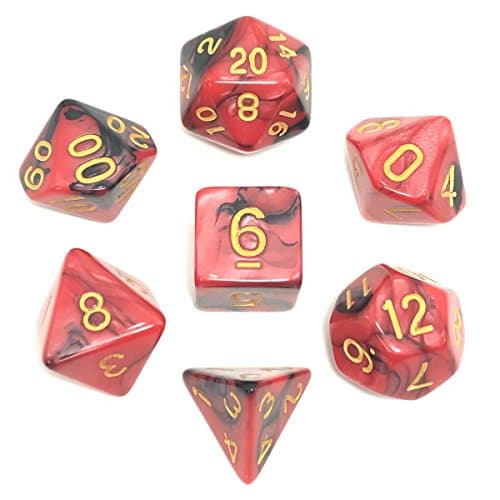 7 Die Polyhedral Dice Set - Black & Red with Gold Numbers, Perfect For DnD, MTG, RPG Role Playing Games (D4, D6, D8, D10, D12, D20) by Flyesto