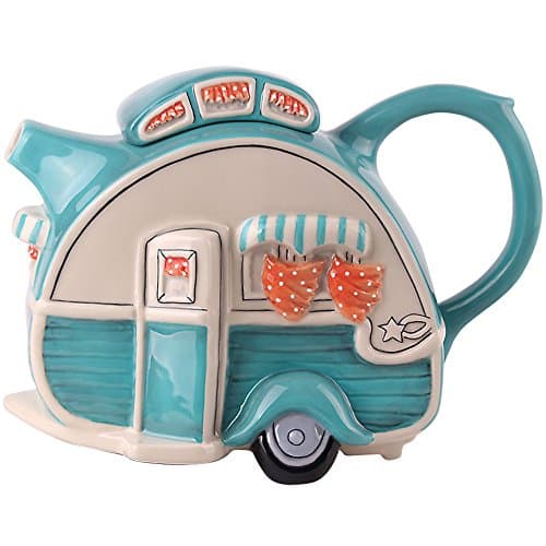 Blue Sky Decorative Handpainted Ceramic Retro Styled Camper Shaped Teapot