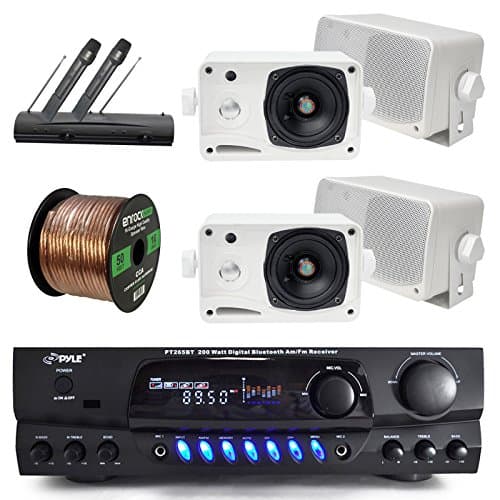 Pyle Bluetooth Digital Karakoe Receiver Amplifier Bundle Combo W/ 4X 3'' 3-Way Wall Mount Speakers (Black or White) + Wireless Handheld Dual Microphone System + Enrock 50 Ft 16g Speaker Wire