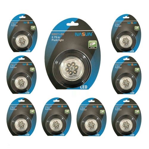 NASUN (1-Pack 9Sets) LED Puck Light, Wireless Battery - Operated, 6-LED Closets Cabinets Light, Push Light Stick-on Anywhere for Kitchen, Storage Room, Hallway, Attics, Bedroom, Bookshelf (Black)