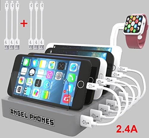 Charging Station USB Dock, Mobile Multi Port Supercharged Fast Charging iPhone, iPad, iWatch, Samsung, Tablets, Kindles and all your other devices Plus FREE Bonus - SIX Charging Cables! (Silver)