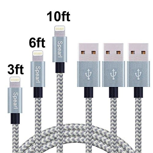 Spearl 3Pcs 3FT 6FT 10FT Extra Long Nylon Braided Charging Cable Cord 8-Pin Lightning to USB Cable Charger Compatible with iPhone7/7Plus/6/6s/6plus/6s plus,iPhone5/5s/5c,iPad,iPod(Gray+silver)
