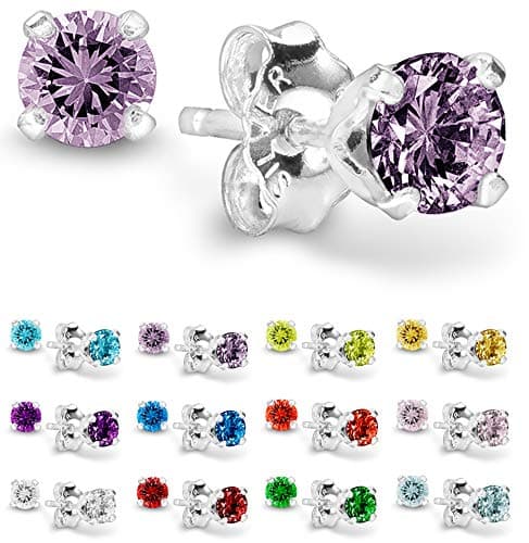 Birthstone Stud Earrings 4 mm - 925 Sterling Silver with Cubic Zirconia Crystals - CHOOSE YOUR COLOR