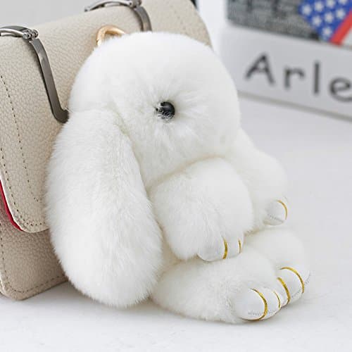 HOPE & WISH Super Cute Stuffed Rabbit Toy Bunny Plush Toys Real Rabbit Fur Keychain Key Ring Key Hook Car Cellphone Pendant Nice Bag Charms Great Gifts (White,18-20cm)