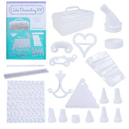 Hometastics Cake Decorating Kit In Storage Caddy Case | For Birthday Cupcake, Pastry & Cookies Décor | Letter Stencils, Piping Nozzles, Icing Knife, Applicators, Icing Bags & Embossers