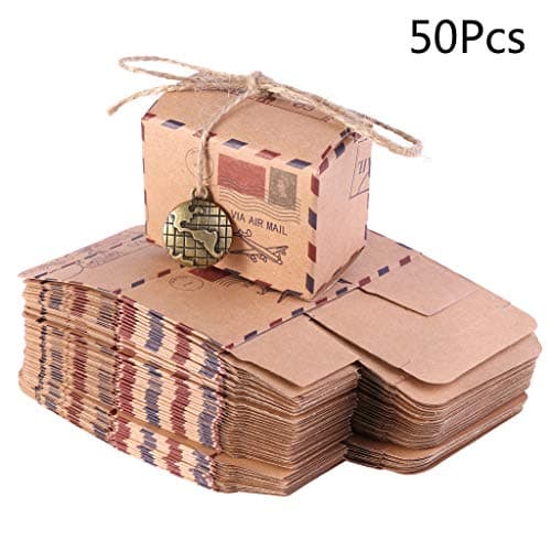 WentingZWT 50pcs Stamp Design Wedding Vintage Candy Packaging Kraft Gift Box Wedding Favors Favour Boxes