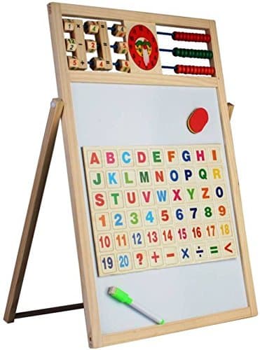 Plutofit® Educational Learning Multipurpose Double-Sided Magnetic Wooden Writing, Drawing Board with Abacus, Mathematical Calculations & English Alphabets