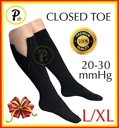 Presadee Closed Toe 20-30 mmHg Zipper Compression True Premium Socks Knee Length Leg Swelling Calf Relief Stocking Support (Black, L/XL)