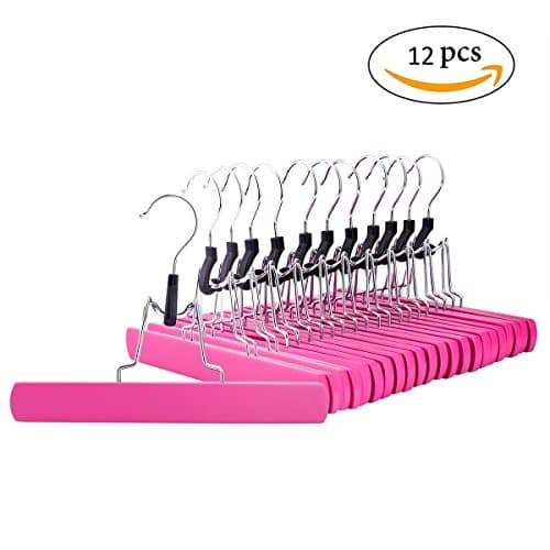 Jetdio 12-Pack Wooden Solid Hangers, Non Slip Collection Pants Hanger for Pant, Skirt and Trouser, Hair Extension Hanger, Pink