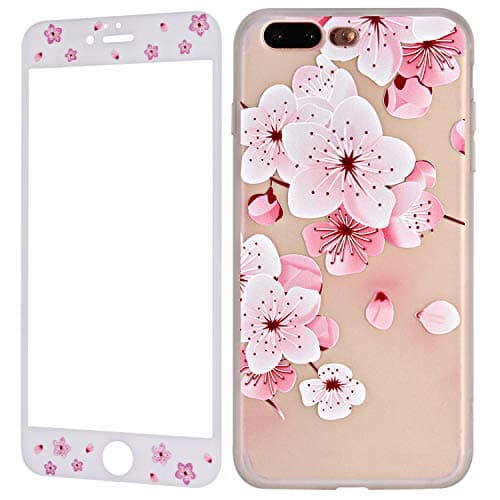 Wafly iPhone 7 Plus Silicone Case with Tempered Glass Screen Protector, iPhone 8 Plus Case Flower Pattern, Floral Slim Soft Full Protective Bumper Cover for iPhone 8 Plus/7 Plus, 5.5”-Women Girls