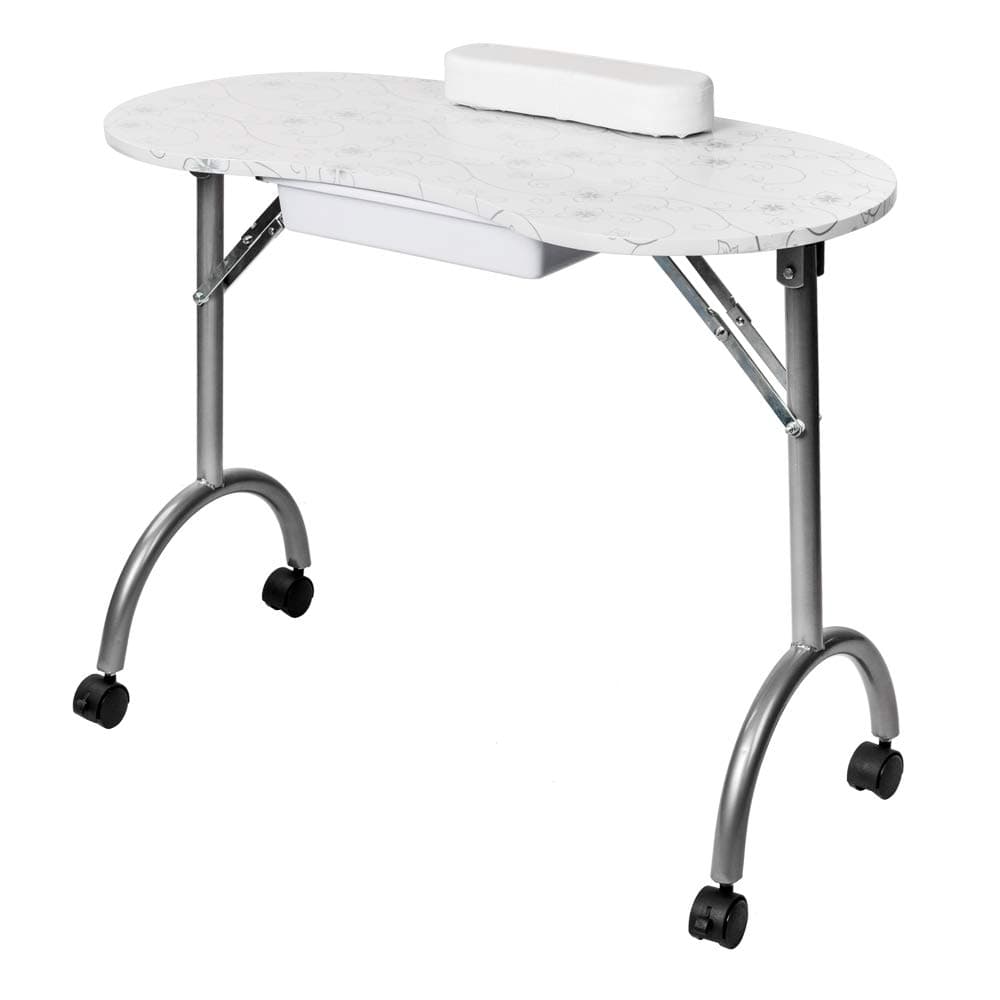 Byya Professional 36inch Portable & Foldable 1-Drawer Manicure Table Nail Technician Desk Workstation Manicure Table with Client Wrist Pad and Carrying Case,W/Lockable Wheels (White)