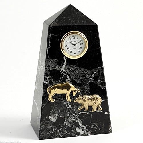 CLOCKS - "WALL STREET" BULL AND BEAR DESKTOP CLOCK - MARBLE CLOCK