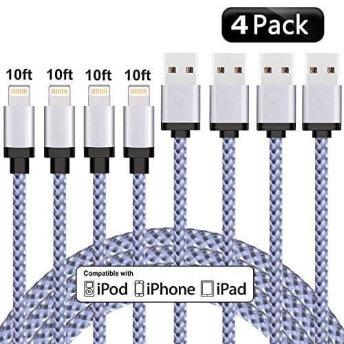 Everdigi iPhone Charger, 4 Pack 10ft/3m Lightning Cable Extra Long Nylon Braided Charging Cord for iPhone X/8/7/7 Plus/6/6s/6 Plus/6s Plus/5c/5s/5, and iPad Pro/Air/Mini/iPod Nano/Touch (White)
