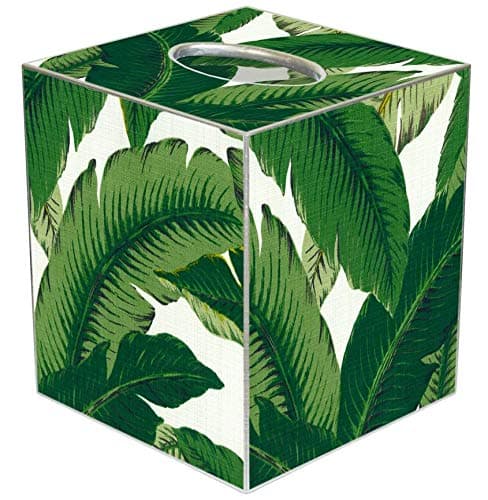 Tissue Box Cover Tissue Holder Square Cube Beach Bathroom Decor Coastal Decor Beach Themed Bedroom Beach House Decor Green Palms 5" x 5" - Made in USA of Papier Mache