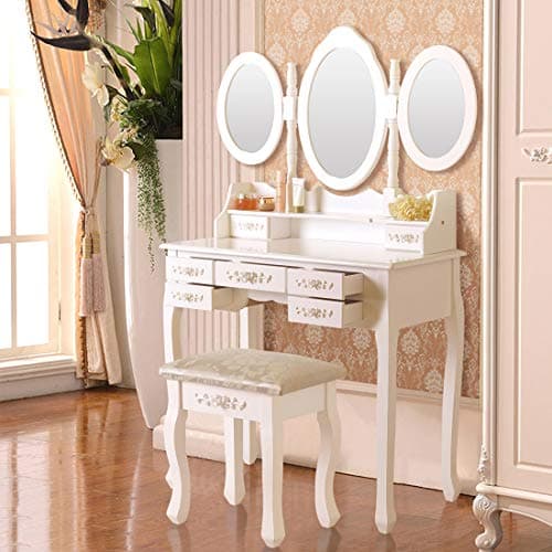 Volitation Dressing Tables with 1 Stool, 3 mirrors and 7 drawers, Bedroom Dresser Makeup Desk Vanity Table Bedroom Furniture, White