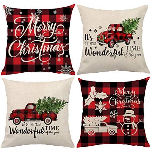 ULOVE LOVE YOURSELF Christmas Decorations Square Pillow Case Decorative Throw Cushion Cover Sets Red Buffalo Plaids Farmhouse Decorative Cushion Pillow Cover 18x18 Inches,Set of 4