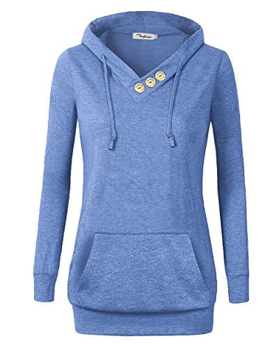 ZHANUS Women's Long Sleeve Button V-Neck Pockets Sweatshirts Pullover Hoodies Light Blue XXX-Large