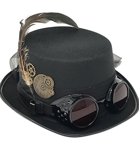 Kopper Tops Black Top Hat With Goggles and Feather, Steampunk Costume