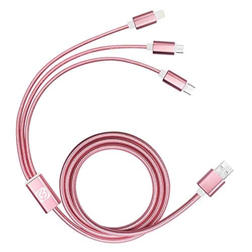 E-MAZONCO 3-in-1 Universal USB 2.0 4-Feet Charging Cable with Micro USB, Type C, Lightning Cable - Rose Gold