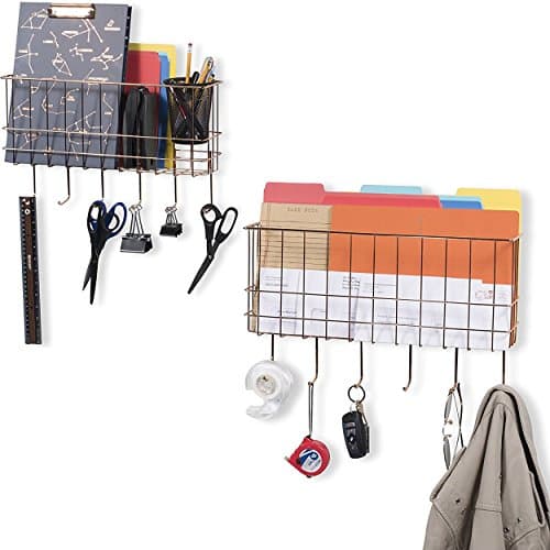 WALL35 Unique Metal Wire Mail Basket with Hooks - Wall Mounted Magazine Rack Set of 2 Copper